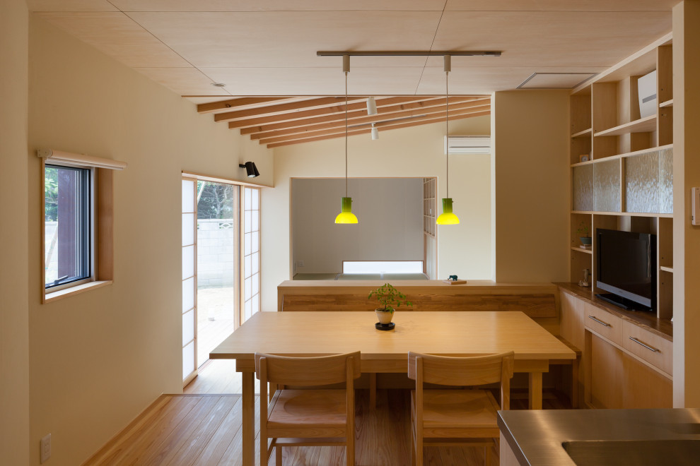 Mittelgroße Wohnküche mit beiger Wandfarbe, hellem Holzboden, beigem Boden und Holzdecke in Sonstige