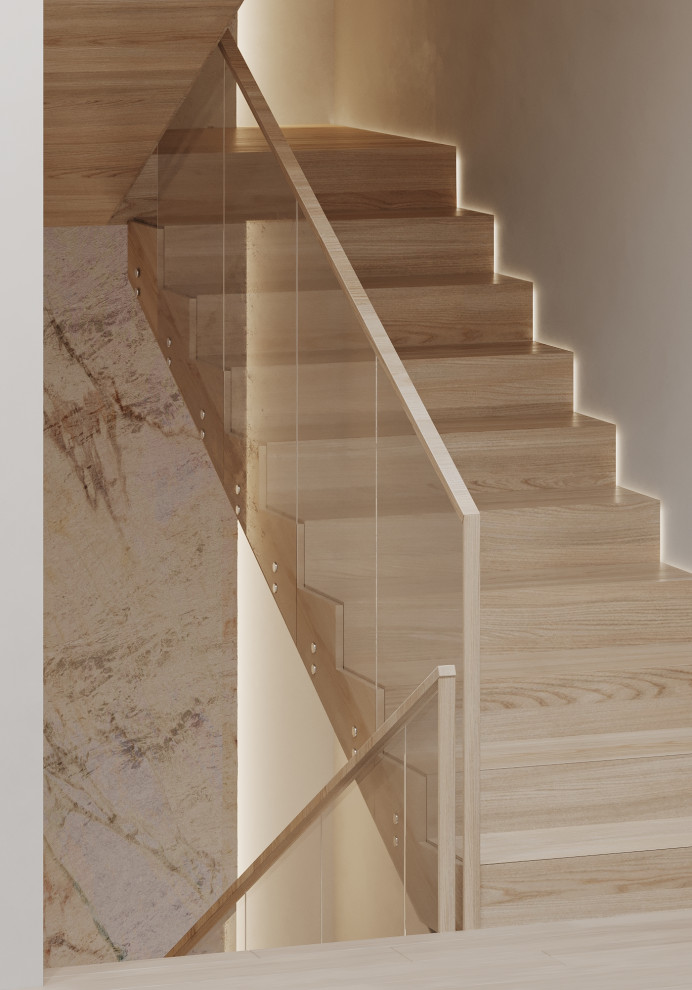 Свежая идея для дизайна: прямая деревянная лестница среднего размера в современном стиле с деревянными ступенями, деревянными перилами, обоями на стенах и кладовкой или шкафом под ней - отличное фото интерьера