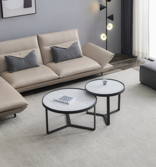 Modern Nesting Coffee Table Set, Black Metal Frame With Round Stone ...