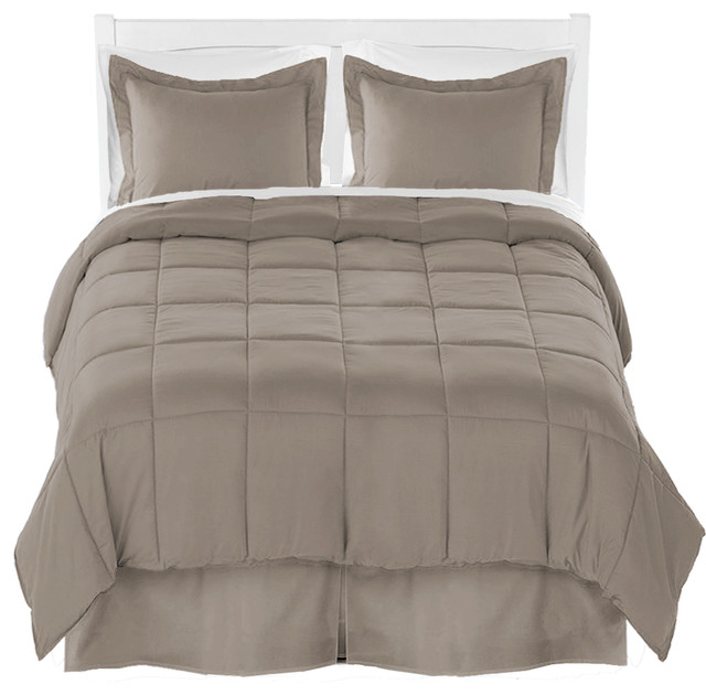 Comforter, Sheet, and Bed Skirt, 6 Piece Set, Taupe, White, Taupe, Twin