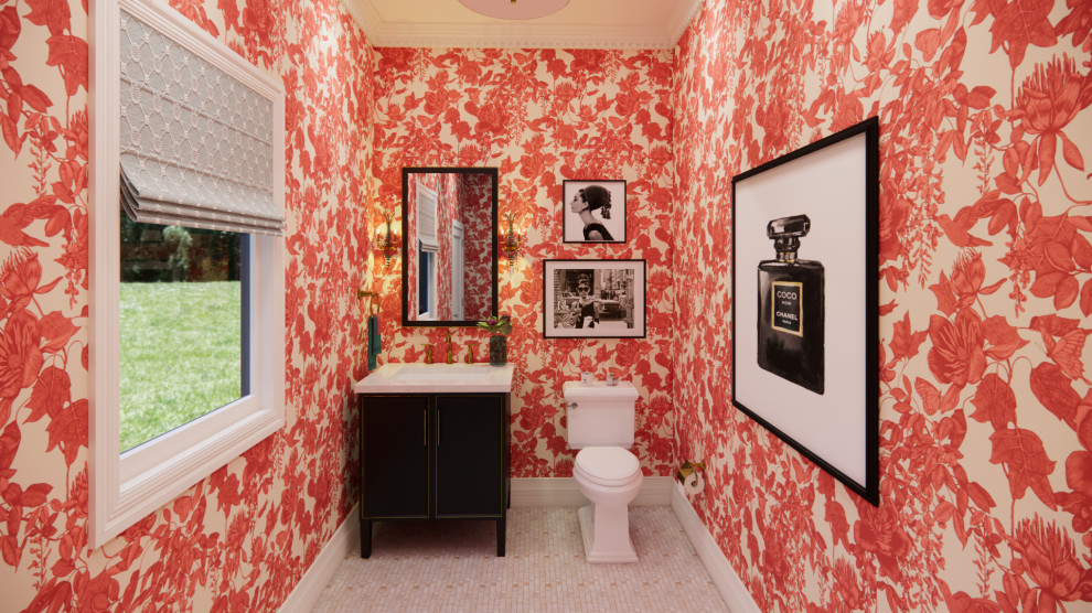 Inspiration for a small classic cloakroom in New York with freestanding cabinets, black cabinets, a one-piece toilet, orange walls, mosaic tile flooring, a freestanding vanity unit, wallpapered walls, white floors, a submerged sink, marble worktops and white worktops.