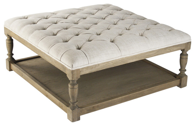 Square Tufted Linen Natural Oak Coffee Table Ottoman Transitional Square Tufted Linen Natural Oak Coffee Table Ottoman
