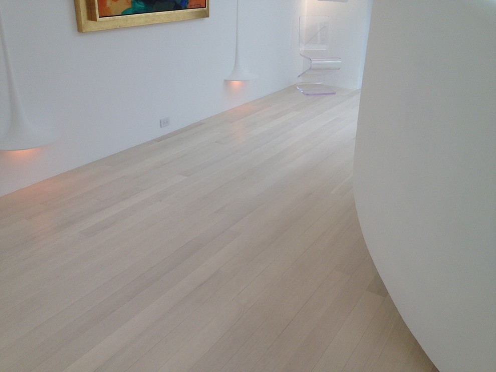 Expansive contemporary hallway in Orange County with white walls and light hardwood floors.