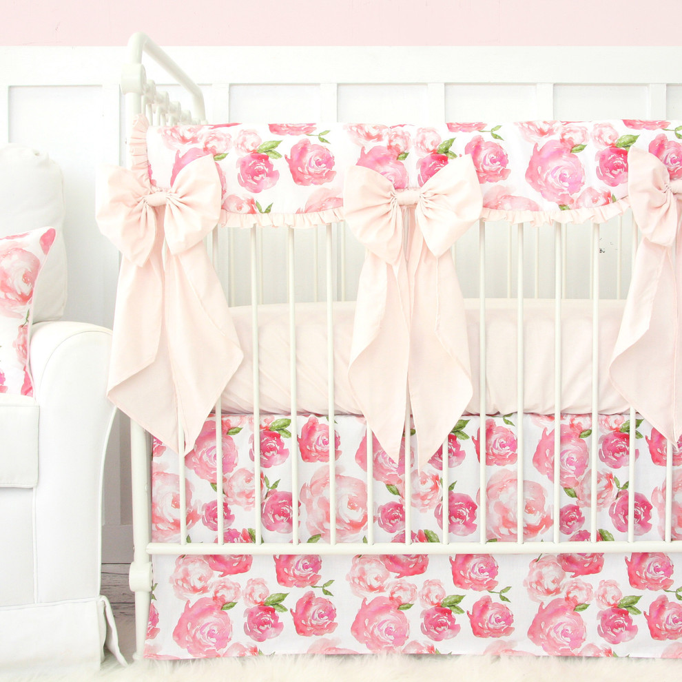 Harlow S Watercolor Rose Bumperless Crib Bedding Shabby Chic