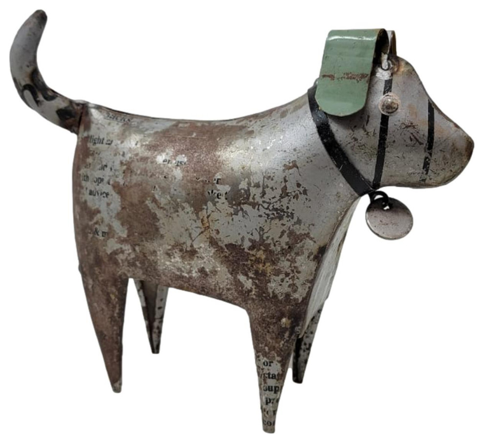 Reclaimed Metal Dog Sculpture Gray 9 in Vintage Style Rustic Animal