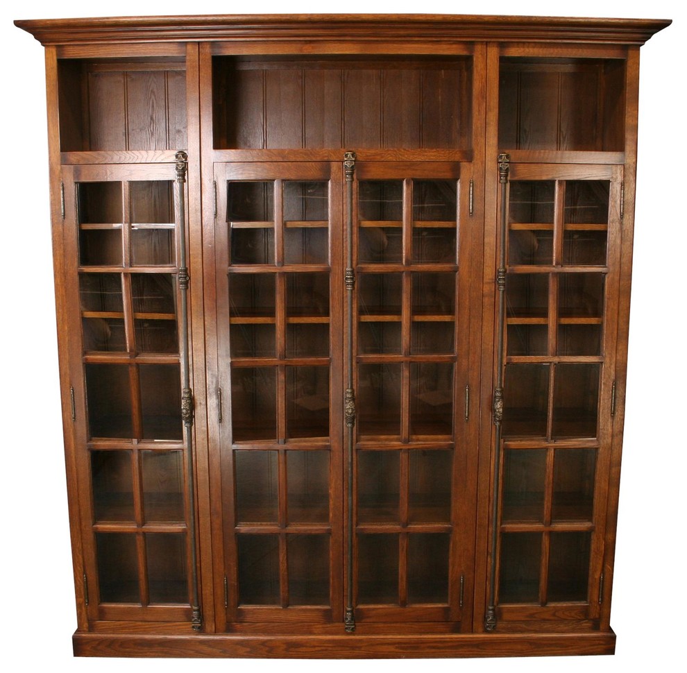 New Oak Bookcase Four Glass Doors Consigned Antique