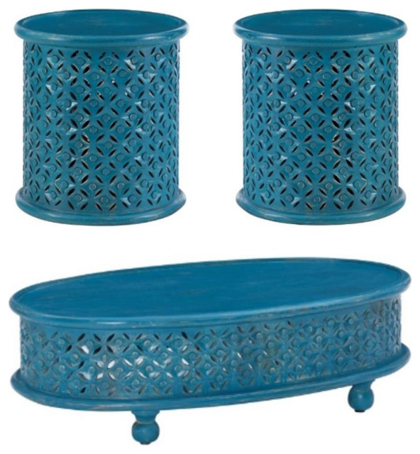 Home Square 3Piece Set with Coffee Table and 2 Accent Tables in Blue