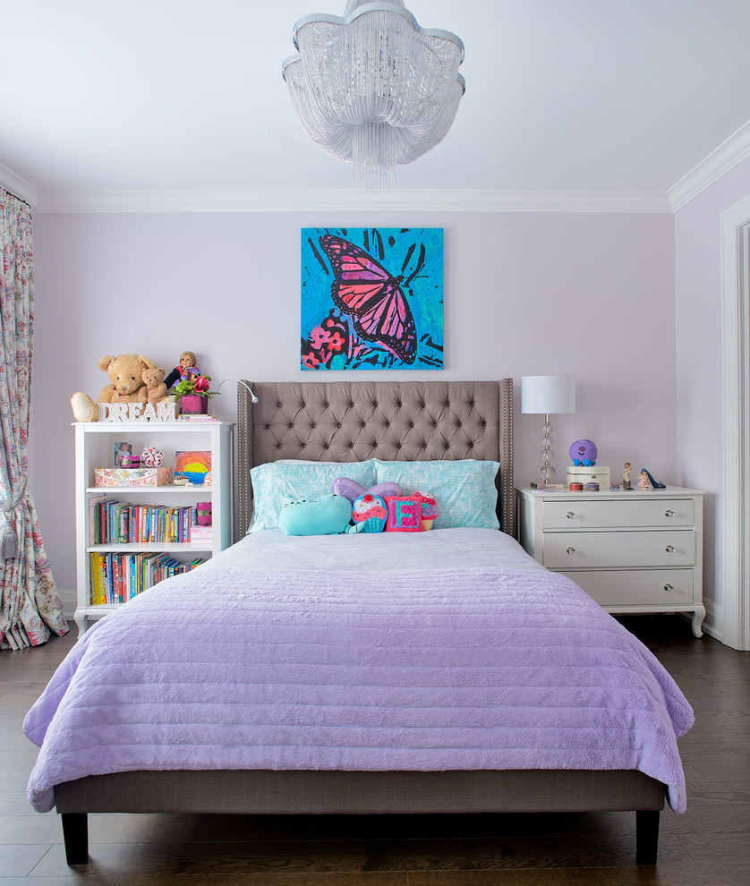 Design ideas for a mid-sized transitional kids' bedroom for girls in Toronto with purple walls, brown floor and dark hardwood floors.