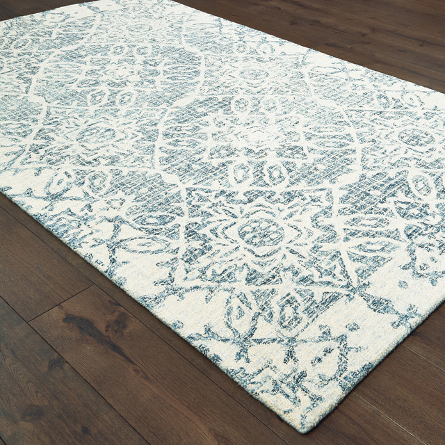 Terrance Faded Medallions Blue/Ivory Hand Tufted Wool Area Rug