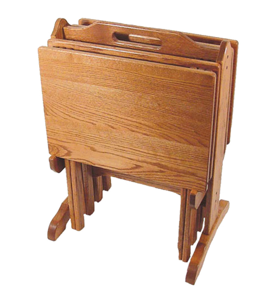 Amish Oak Folding TV Trays With Casters and Storage Stand, Set of 4