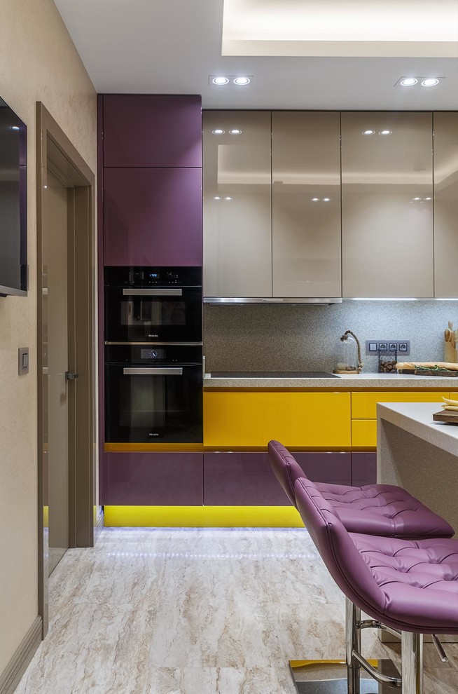 Large eclectic eat-in kitchen in Moscow with an undermount sink, flat-panel cabinets, purple cabinets, quartz benchtops, beige splashback, porcelain floors, no island, beige floor, black appliances and beige benchtop.