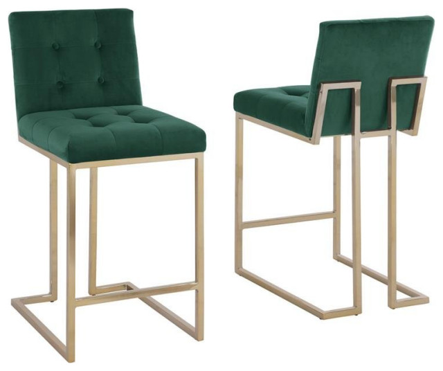 Counter Height Chairs in Emerald Green Velvet and Gold Chrome Legs (Set of 2)