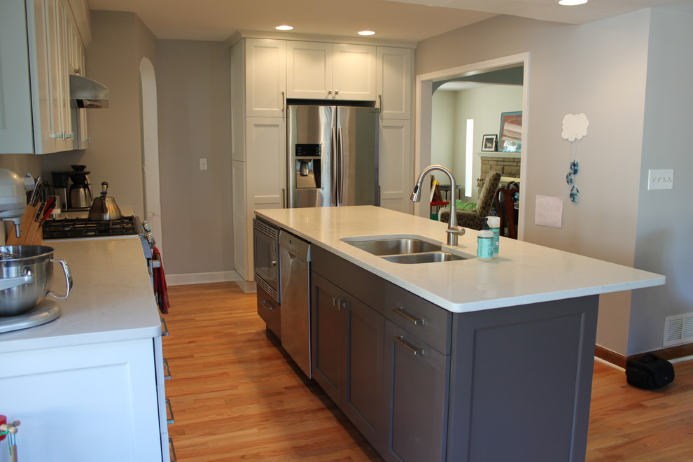 Enclosed kitchen - mid-sized transitional single-wall light wood floor and brown floor enclosed kitchen idea in Chicago with an undermount sink, quartz countertops, stainless steel appliances, an island, recessed-panel cabinets and white cabinets