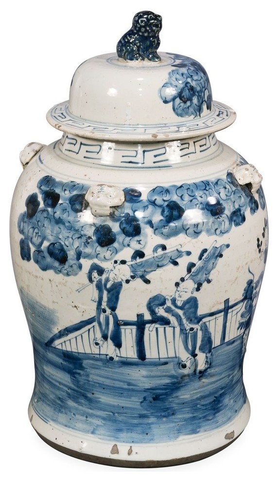 Blue and White Kylin and Boy Motif Porcelain Temple Jar, 19"