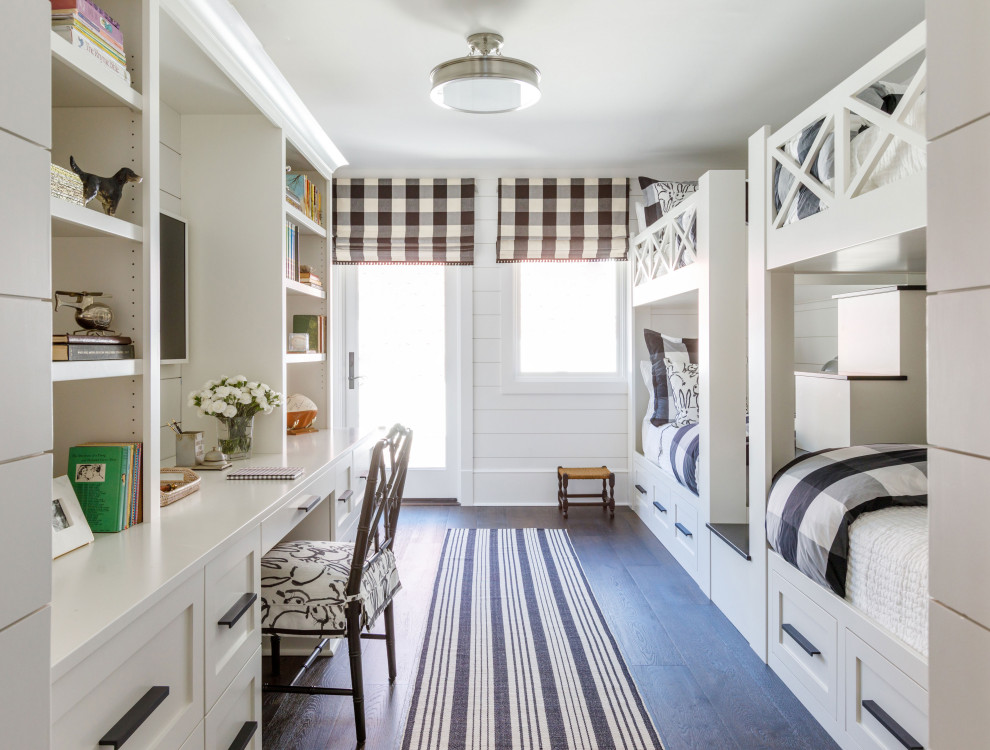 This is an example of a large transitional kids' room in Jacksonville with white walls, dark hardwood floors, brown floor and planked wall panelling.