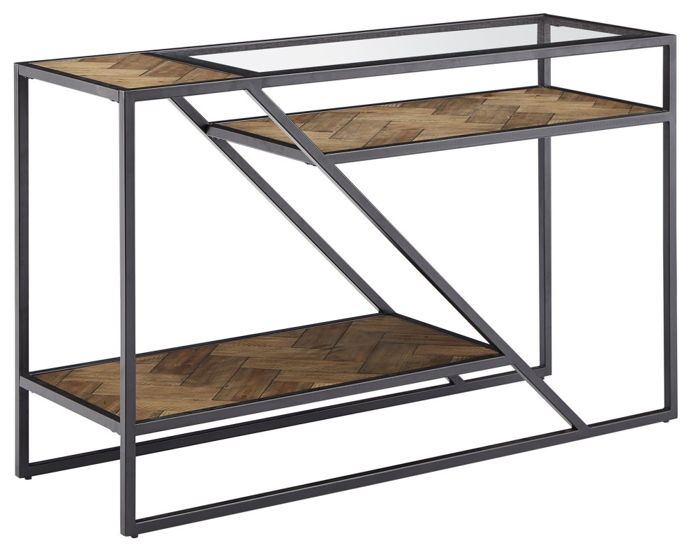 Unique Console Table, Metal Frame With Glass Top & Chevron Asymmetrical