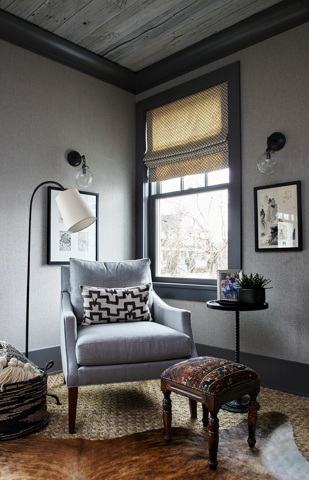 Design ideas for a traditional study room in New York with grey walls, carpet and a freestanding desk.