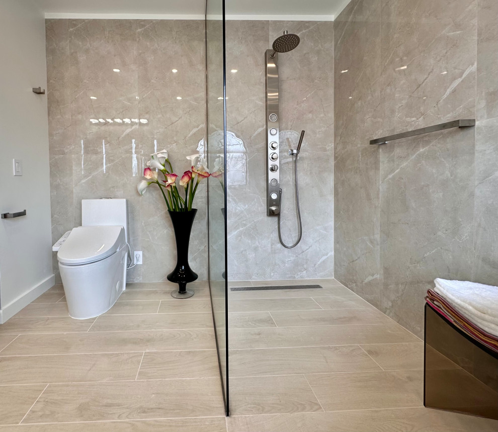 This is an example of a large modern ensuite bathroom in Miami with flat-panel cabinets, medium wood cabinets, a freestanding bath, a shower/bath combination, white tiles, porcelain tiles, white walls, wood-effect flooring, a submerged sink, solid surface worktops, an open shower, white worktops, double sinks and a floating vanity unit.