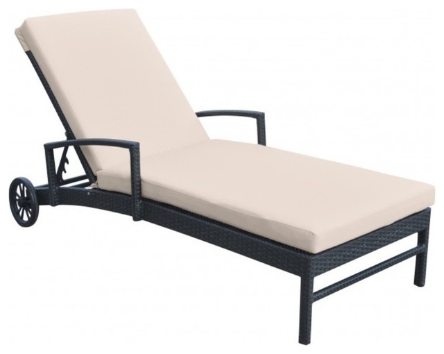 Armen Living Vida Outdoor Wicker Lounge Chair with Water Resistant Beige Fabric