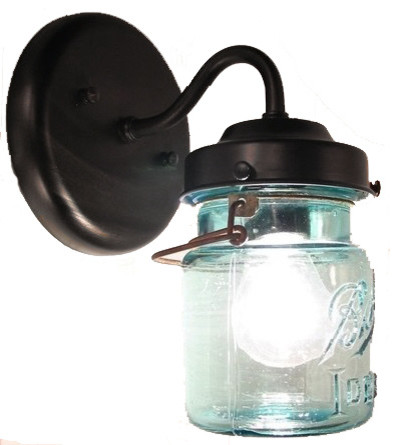 Vintage Blue Mason Jar Sconce Light, Antique Black