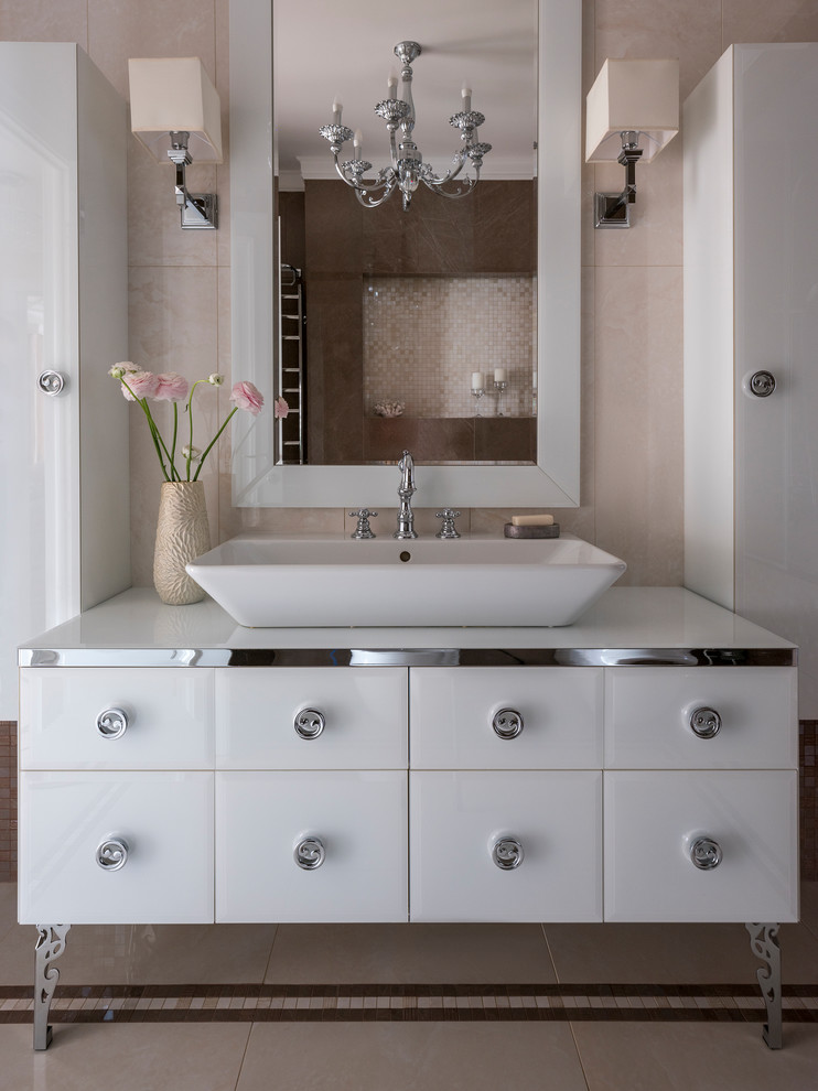 Inspiration for a transitional bathroom in Moscow with flat-panel cabinets, white cabinets, beige tile, a vessel sink, beige floor and white benchtops.