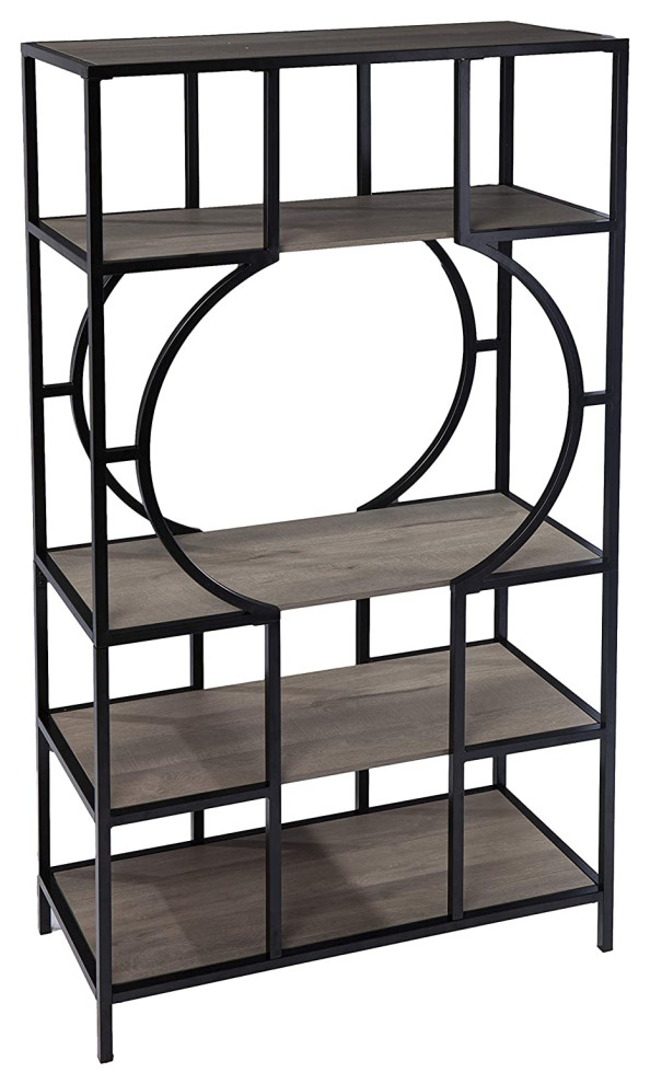 Unique Bookcase, Metal Frame With Oval Center Accent and 5 Open Shelves