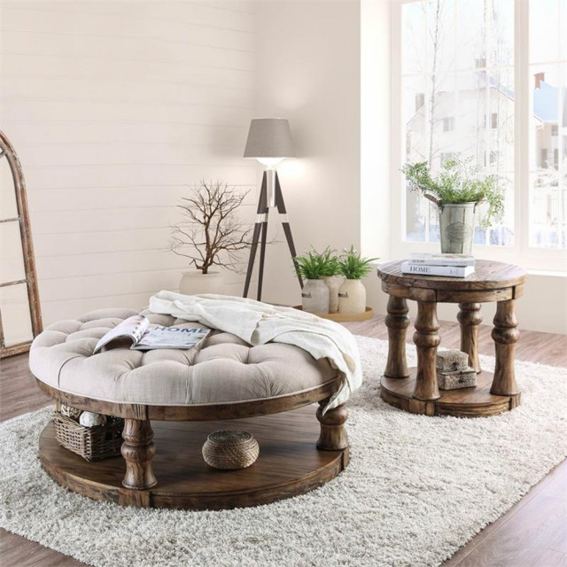 Bowery Hill Rustic Wood Round Tufted Coffee Table in Antique Oak ...