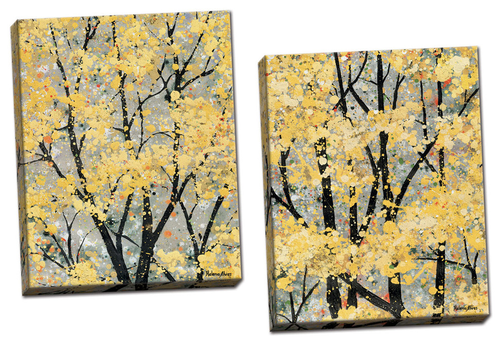 Abstract Yellow Leaf Fall Trees; Two 22x28in Hand-Stretched Canvases