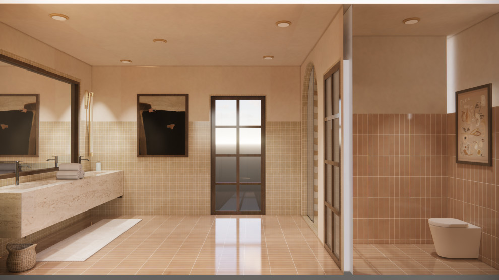 Foto på ett mellanstort amerikanskt en-suite badrum, med släta luckor, skåp i mörkt trä, ett fristående badkar, en öppen dusch, en vägghängd toalettstol, flerfärgad kakel, porslinskakel, bänkskiva i kalksten, rosa golv och med dusch som är öppen