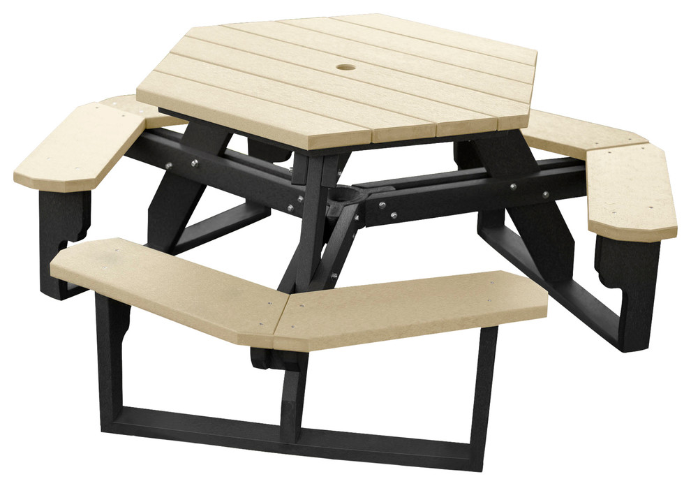 Recycled Plastic Hexagon Picnic Table With Black Frame Sand