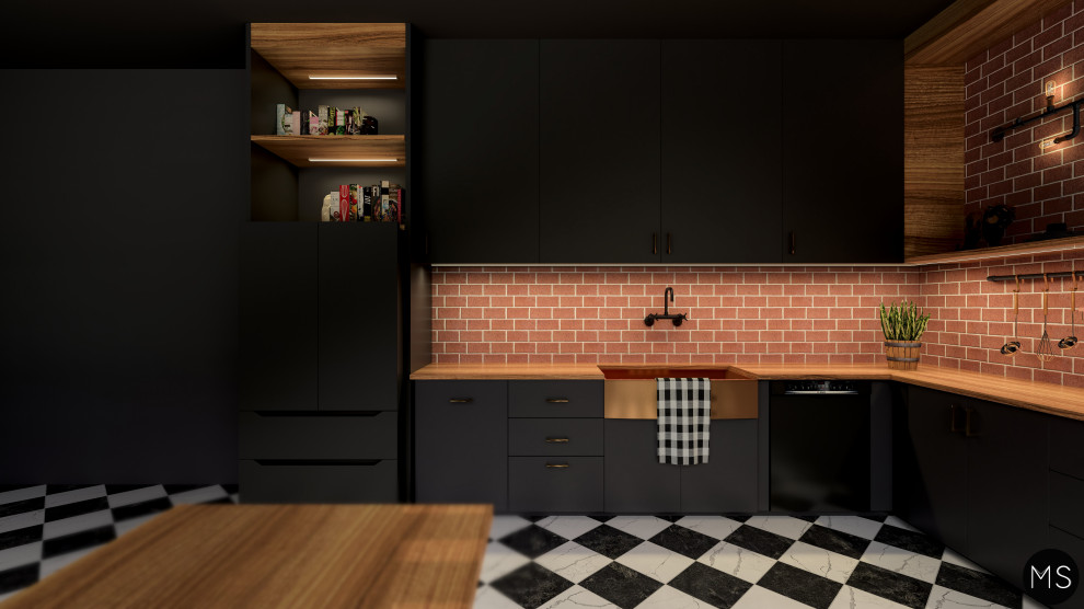 Inspiration for a mid-sized industrial u-shaped eat-in kitchen in Philadelphia with an undermount sink, flat-panel cabinets, black cabinets, wood benchtops, black appliances, ceramic floors, with island, black floor and black benchtop.
