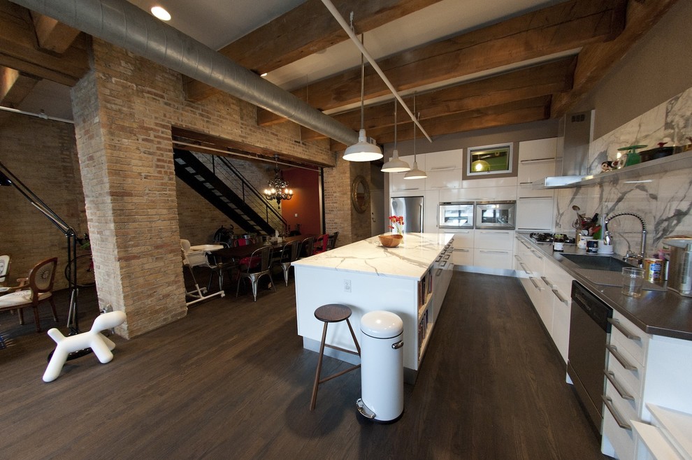 Industrial kitchen in Chicago with stainless steel appliances.