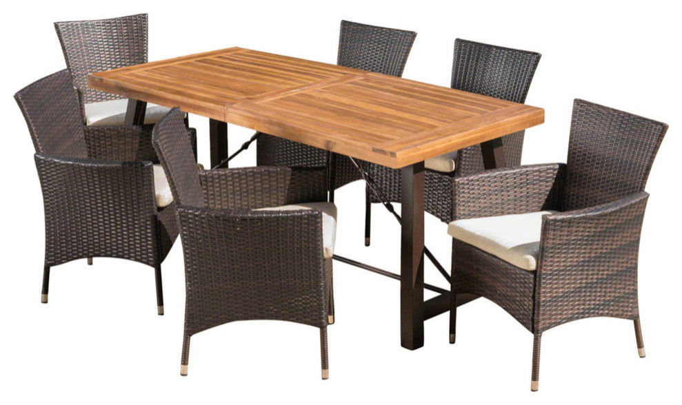GDF Studio 7Piece Toretto Outdoor Dining Set With Teak Table and Brown