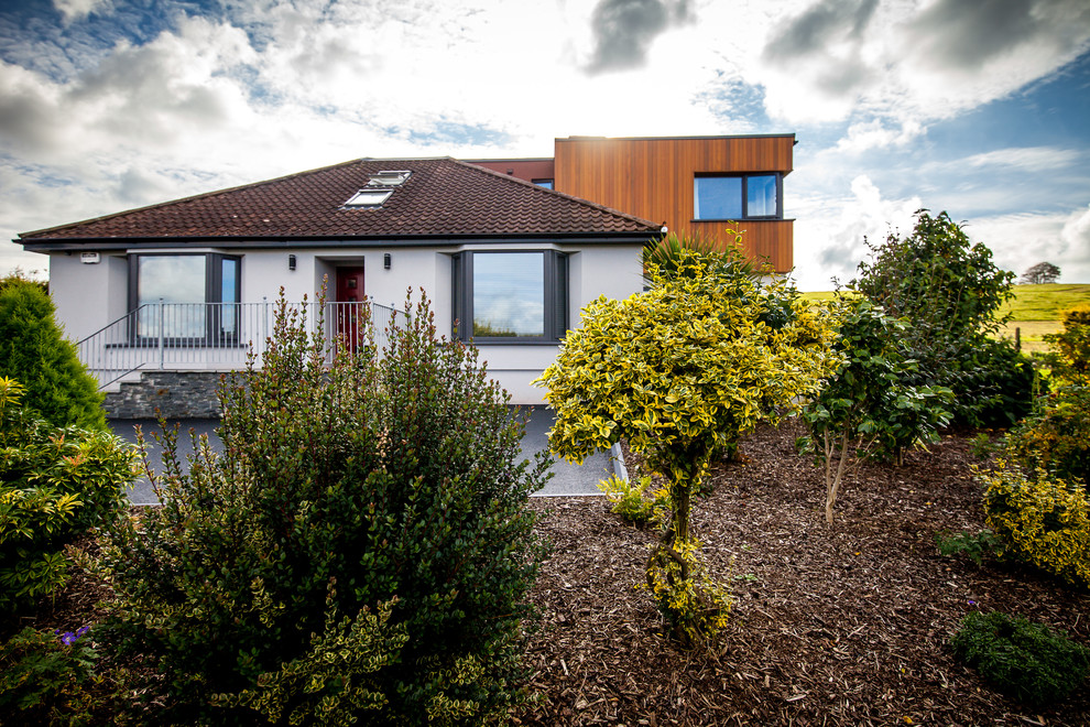 This is an example of a contemporary two-storey multi-coloured house exterior in Cork with wood siding.