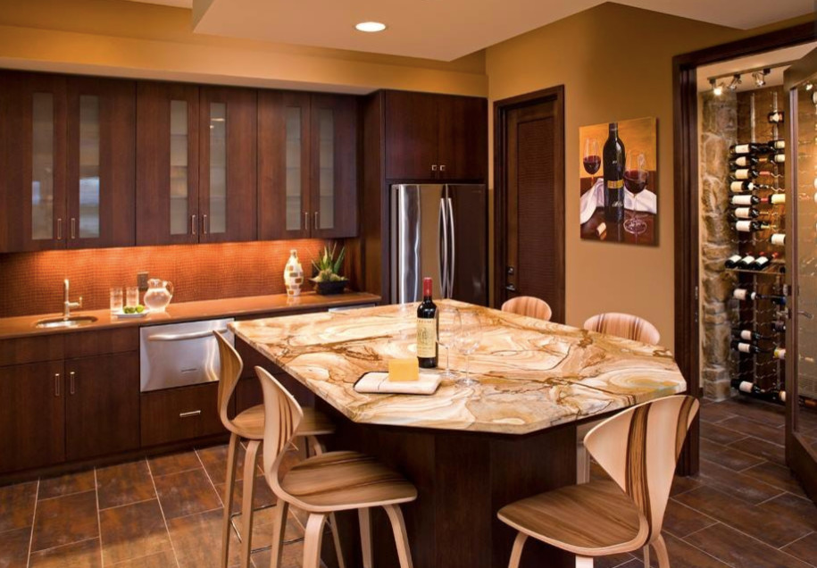 Design ideas for a large u-shaped eat-in kitchen in Minneapolis with an undermount sink, flat-panel cabinets, dark wood cabinets, onyx benchtops, red splashback, mosaic tile splashback, stainless steel appliances, porcelain floors, with island, brown floor and orange benchtop.