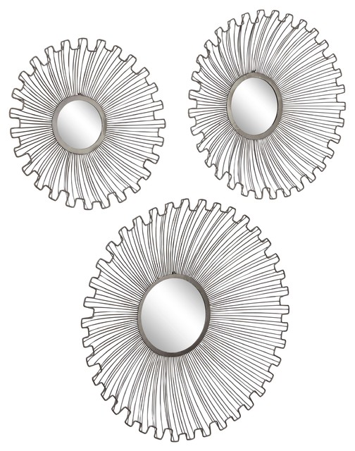 Modern Tin And Glass Round Sunburst Wall Mirrors 3 Piece Set Glass Round Sunburst Wall Mirrors