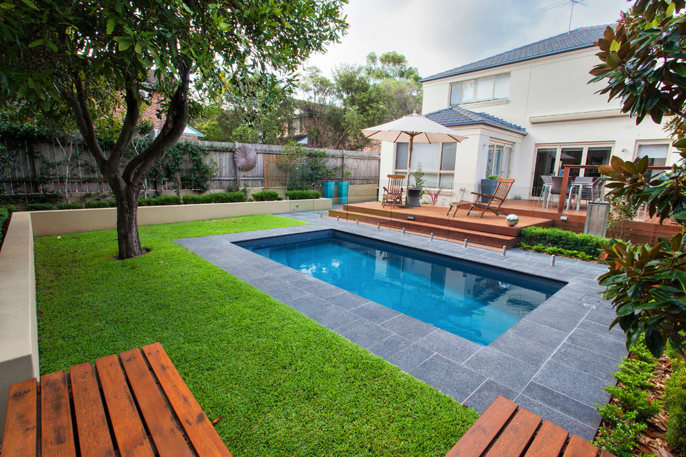 Design ideas for a mid-sized contemporary backyard rectangular pool in Perth.