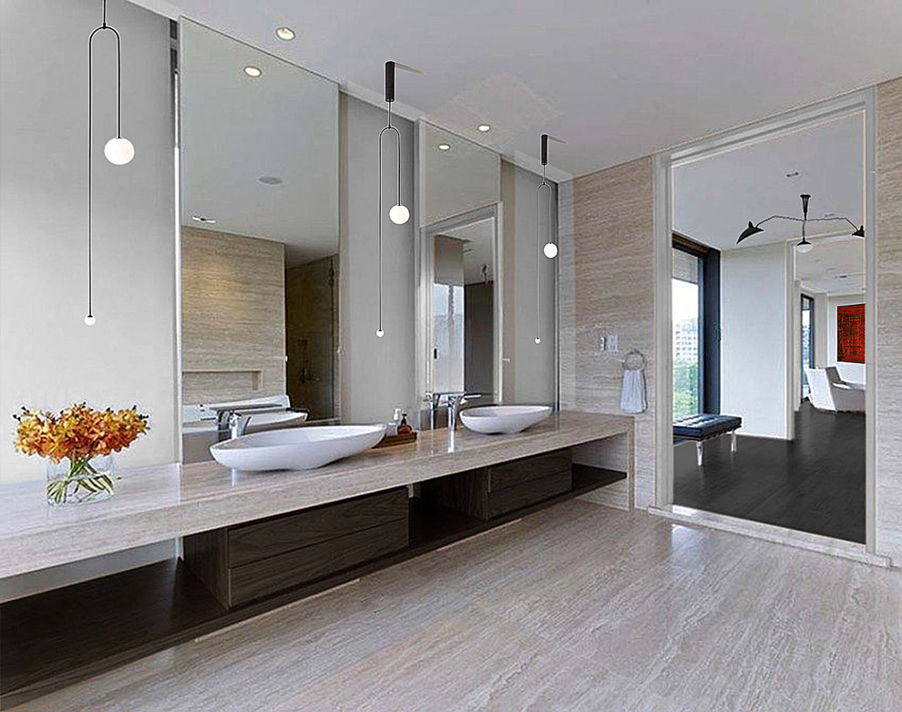 This is an example of a large modern master bathroom in Miami with open cabinets, brown cabinets, a drop-in tub, an open shower, a one-piece toilet, beige tile, marble, beige walls, marble floors, a vessel sink, marble benchtops, beige floor and a hinged shower door.