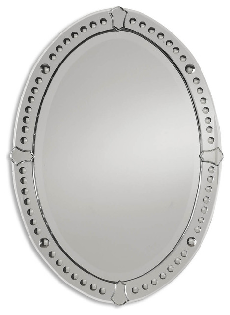 Etched Venetian Glass Framed Oval Wall Mirror Romantic Vanity