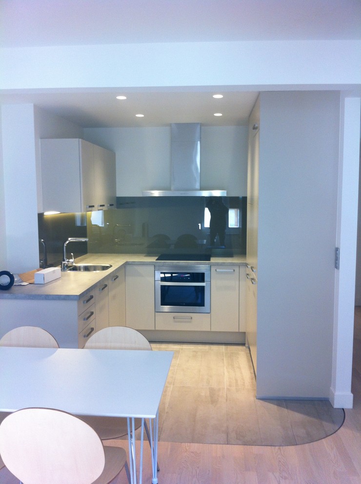 This is an example of a small contemporary l-shaped eat-in kitchen in Other with a single-bowl sink, flat-panel cabinets, light wood cabinets, stainless steel appliances and no island.