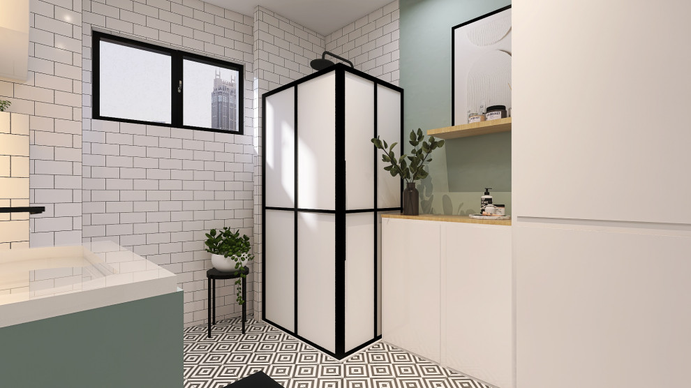 Идея дизайна: ванная комната среднего размера в стиле лофт с белыми фасадами, угловым душем, инсталляцией, белой плиткой, плиткой кабанчик, зелеными стенами, душевой кабиной, подвесной раковиной, черным полом, душем с раздвижными дверями и тумбой под одну раковину