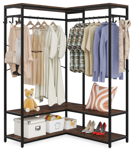 Large Garment Rack, L Shaped Wardbrobe Rack With Storage Shelves Industrial Clothes Racks