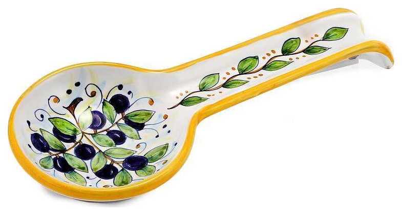 Spoon Rest Flatware Deruta Majolica Olive Green Ceramic Hand-Painted