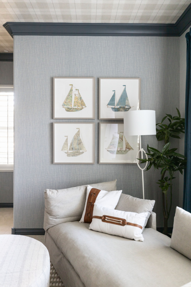 Nursery Boy Room - THIS ADORABLE NURSERY GOT A FULL MAKEOVER WITH ADDED WALLPAPER ON WALLS + CEILING DETAIL.  WE ALSO ADDED LUXE FURNISHINGS TO COMPLIMENT THE ART PIECES + LIGHTING