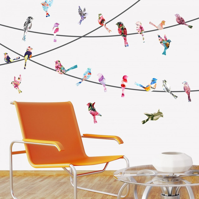 wall decal, watercolor birds on a wire - contemporary - wall decals