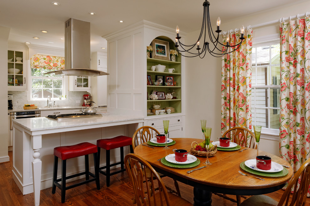 Inspiration for a large traditional galley eat-in kitchen in DC Metro with dark hardwood floors, an undermount sink, shaker cabinets, white cabinets, marble benchtops, white splashback, stone slab splashback, stainless steel appliances and a peninsula.