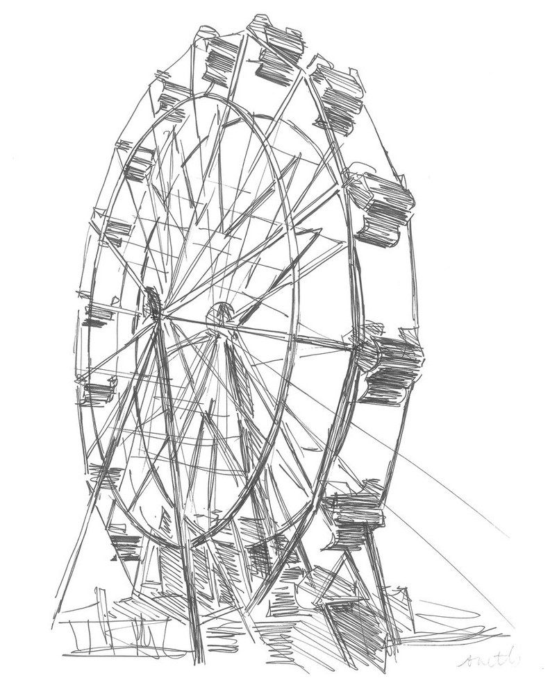 Black and White Ferris Wheel Sketch II Contemporary Prints And