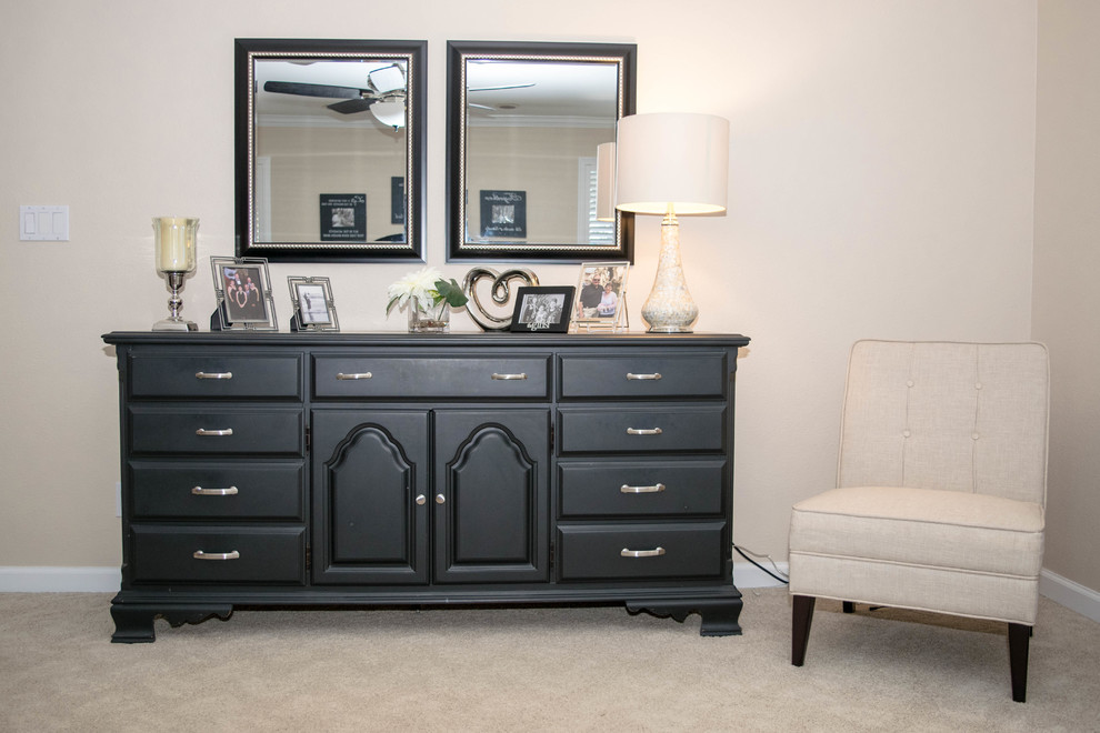 Inspiration for a large transitional master carpeted and beige floor bedroom remodel in Sacramento with beige walls and no fireplace