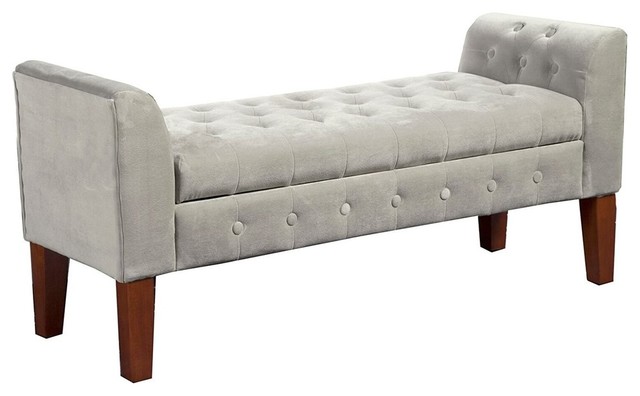 Traditional Storage Bench Velvet Tufted Arm With Rustic Brown Wood