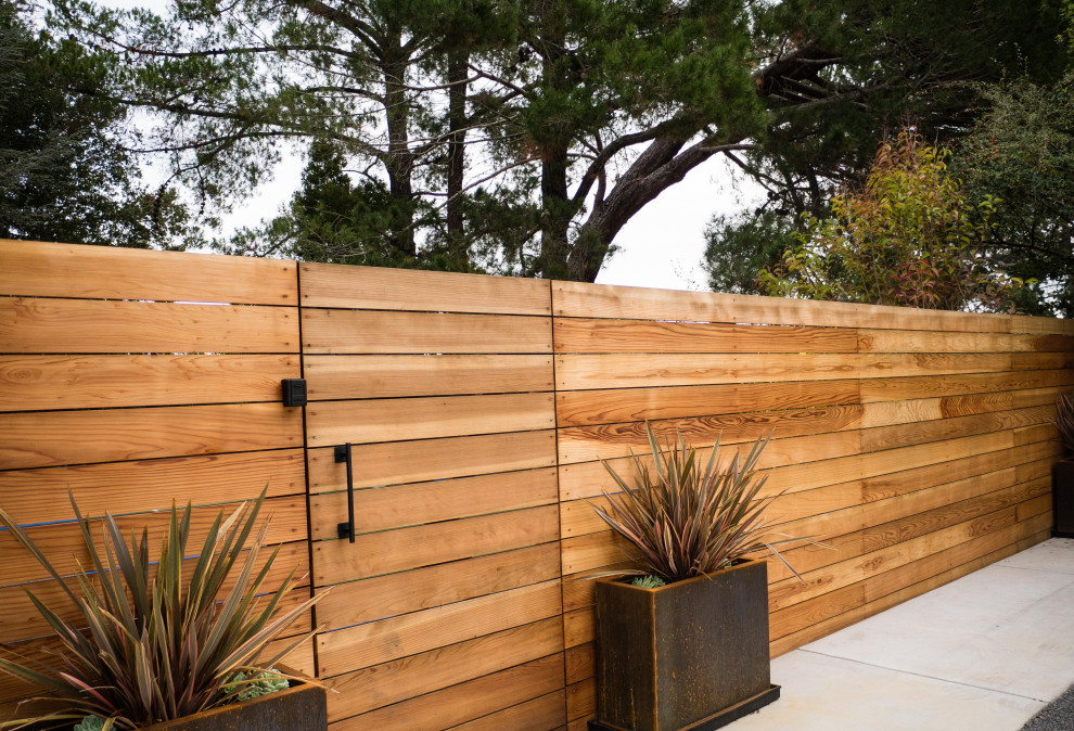 This is an example of a large contemporary front yard full sun garden in San Francisco with with a gate, concrete pavers and a wood fence.